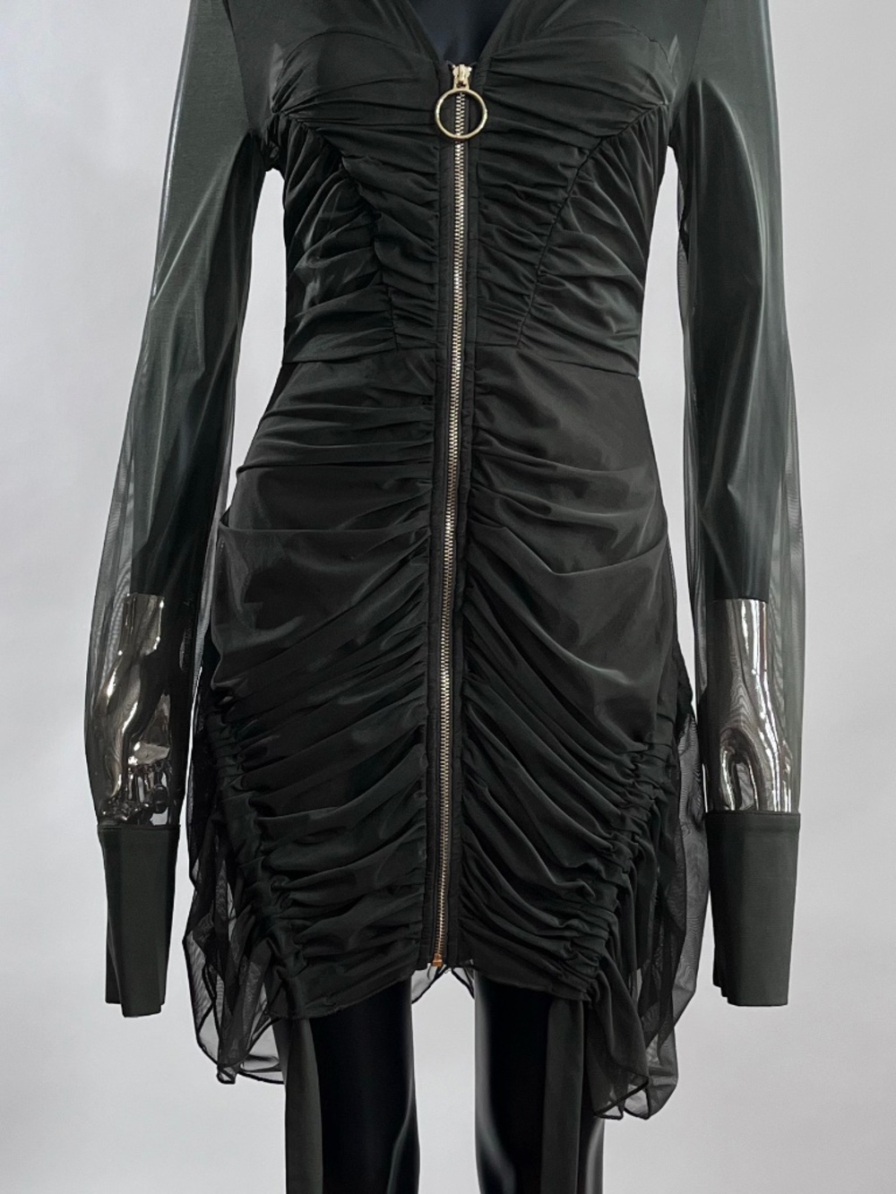 Akira Wren Ruched Zip Up Mesh Mini Dress Olive Green Size M